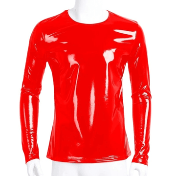 Fashion Men's Wet Look Patent Leather Top / Male Black and Red Shiny Long Sleeves Pullovers - EVE's SECRETS